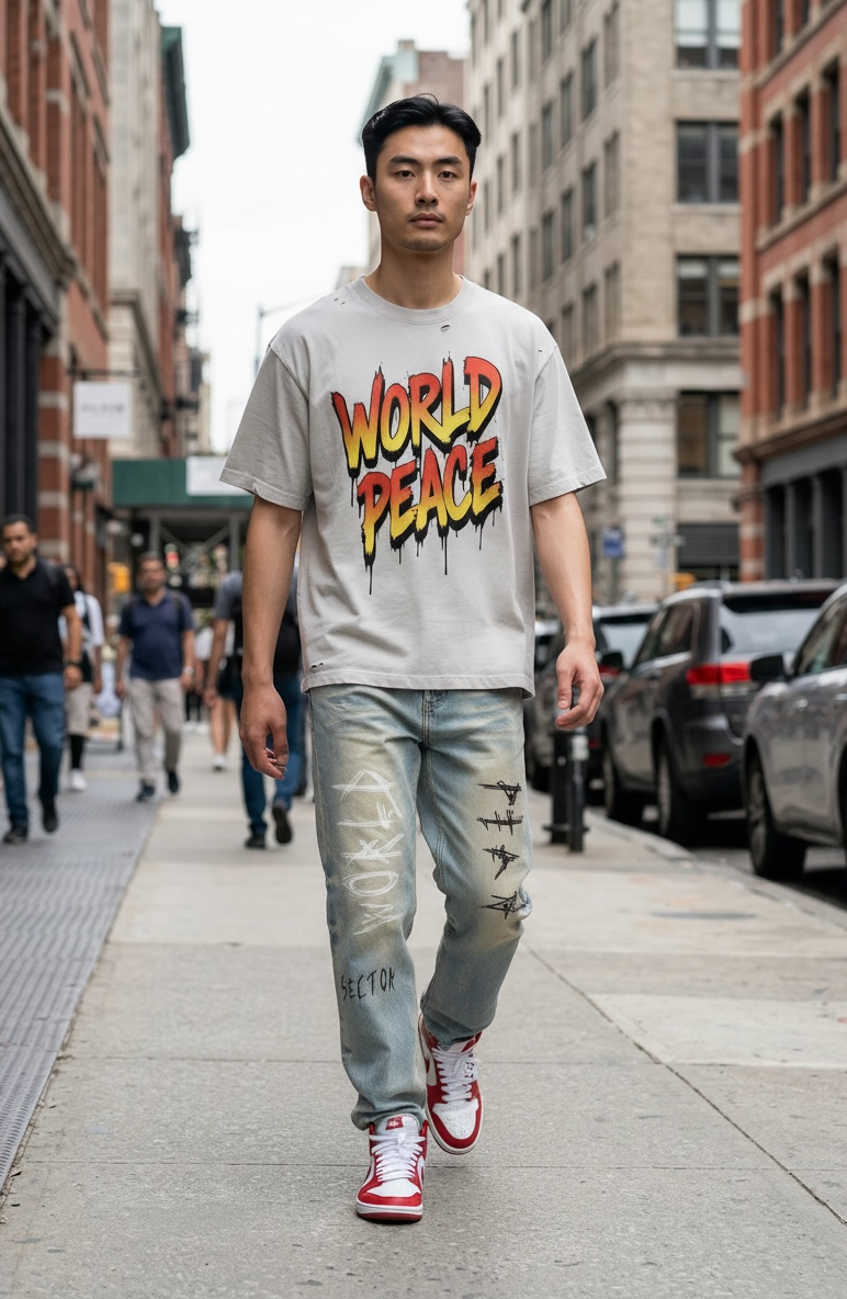 WORLD PEACE Sun Faded Raw Hem Jeans