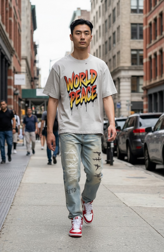 WORLD PEACE Sun Faded Raw Hem Jeans